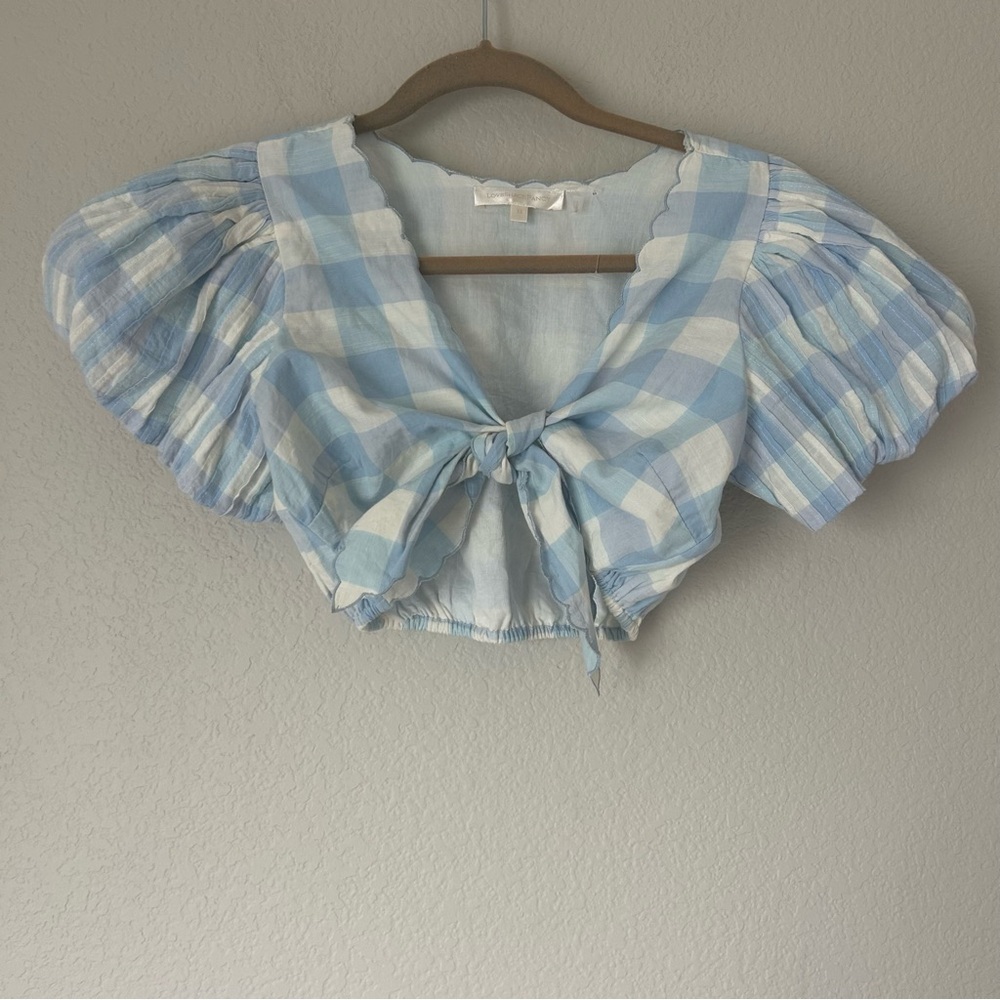 LoveShackFancy Hanover Crop Tie Front Top in Blue Gingham - Picture 2 of 6
